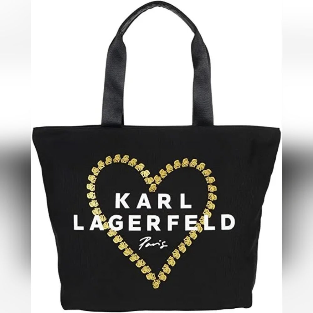 Karl Lagerfeld Paris Kristen Black & Gold Canvas Tote Bag.